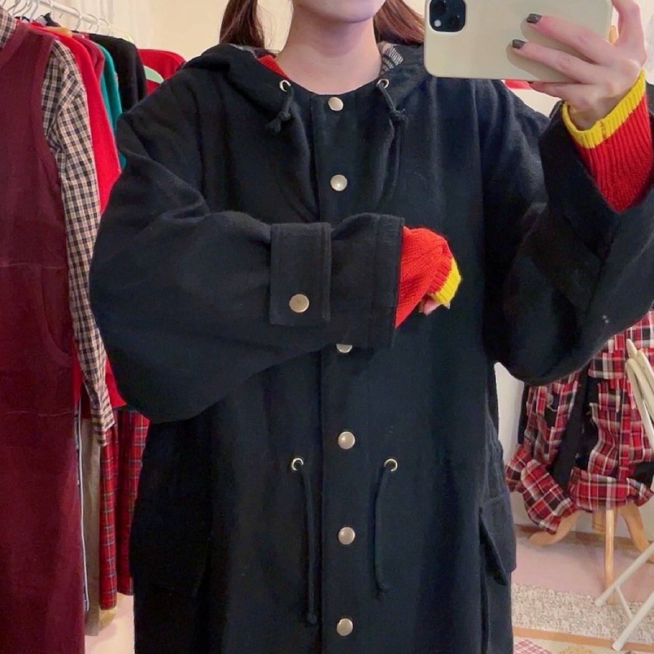 black beige check hoodie coat