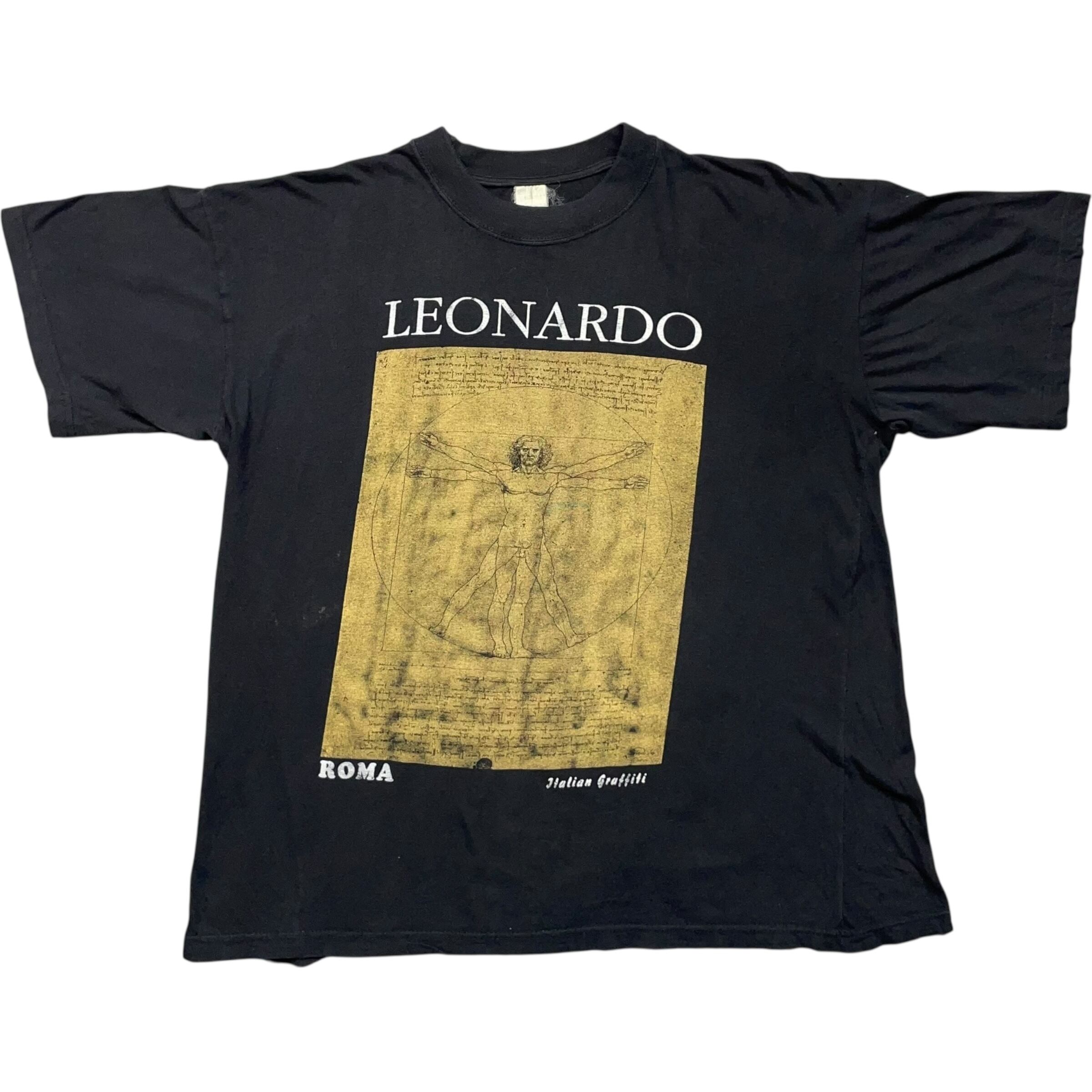 《L》unknown Tシャツ レオナルド・ダ・ヴィンチ ウィトルウィウス的人体図 フロントプリント ブラック no.8575