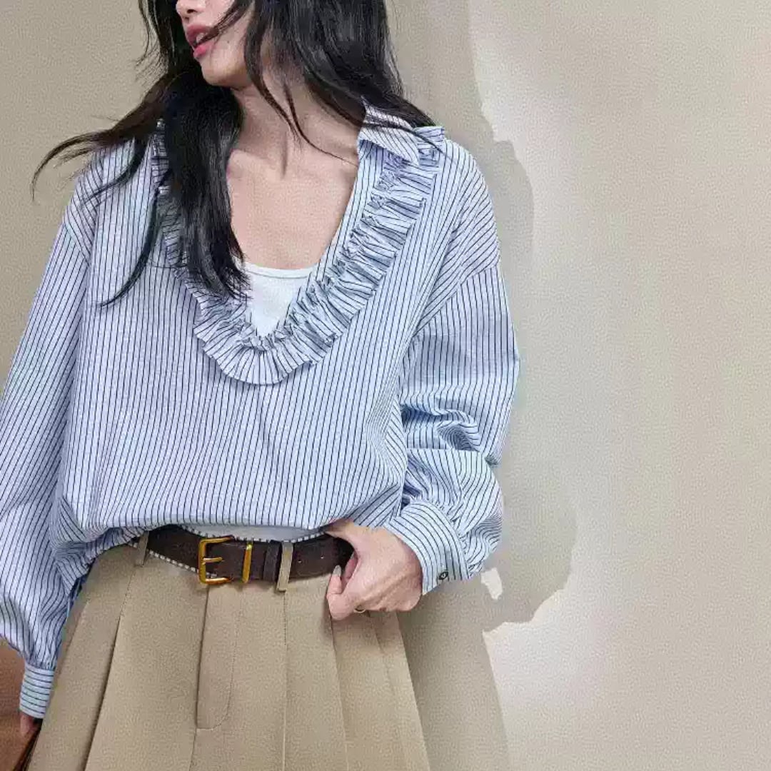 Frill wide collar striped shirt 00127