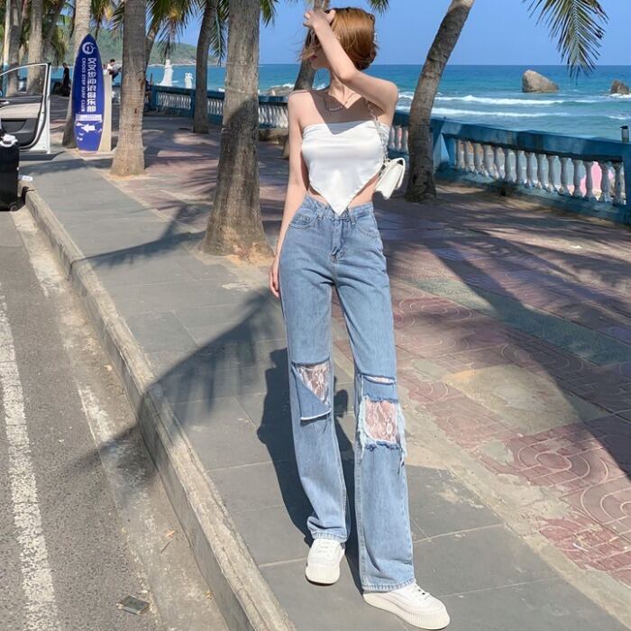 ハイウェストウェストジーンズ レディースサマーレースパンツ ルーズ 夏物 ガールズファッション83311593567