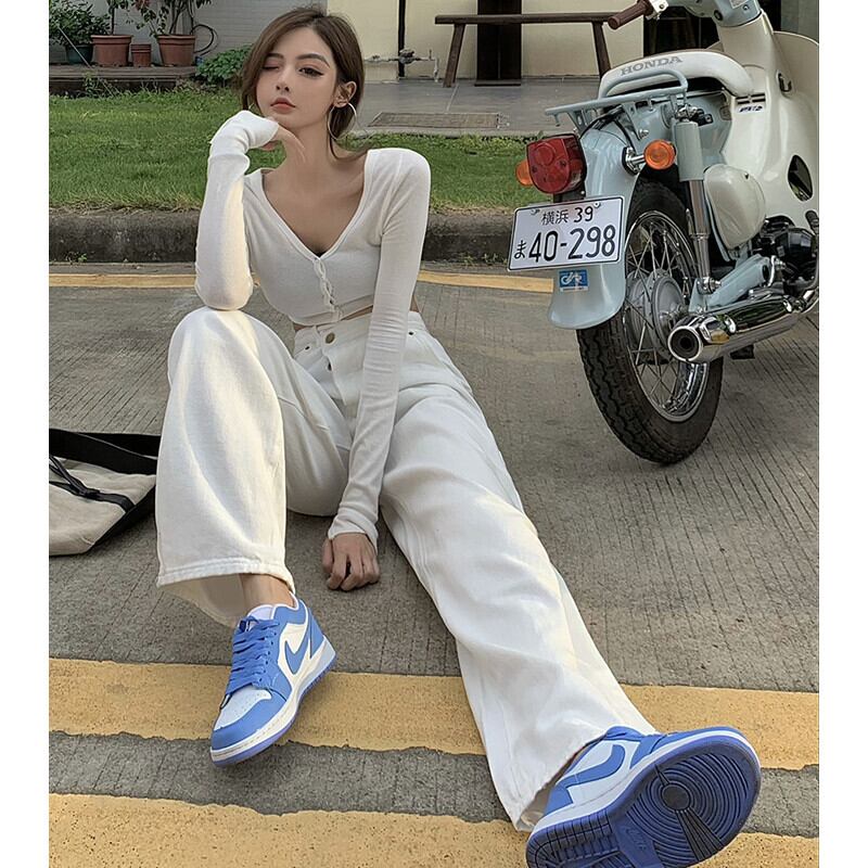 オータムVネック薄手トップス レディースハイウェストバックルジーンズ ロング ストリート 秋物 ガールズファッション52560622424