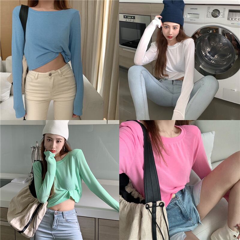 日焼け止め長袖白のたくらみTシャツ女性の初秋の自己栽培インナーボトミングシャツ2020新しいショートアウターウェアトップ ブラックストロベリース34022964756