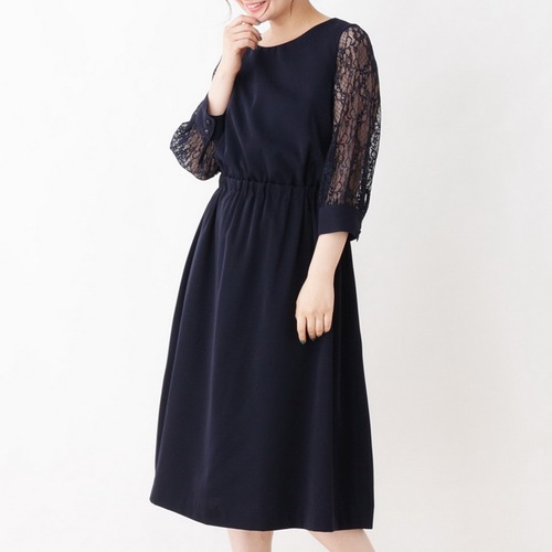 ワンピース レース ラウンドネック 七分袖 ミモレ丈 フラワー ドット 刺繍 ネイビー デート お呼ばれ 秋冬 レディース　BADB0119