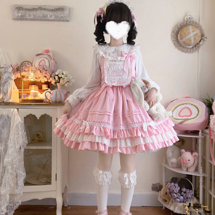 ワンピース ジャンスカ ジャンパースカート リボン くまちゃん ケーキ