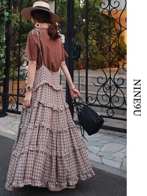 SUSPENDERS plaid long skirt【NINE2826】