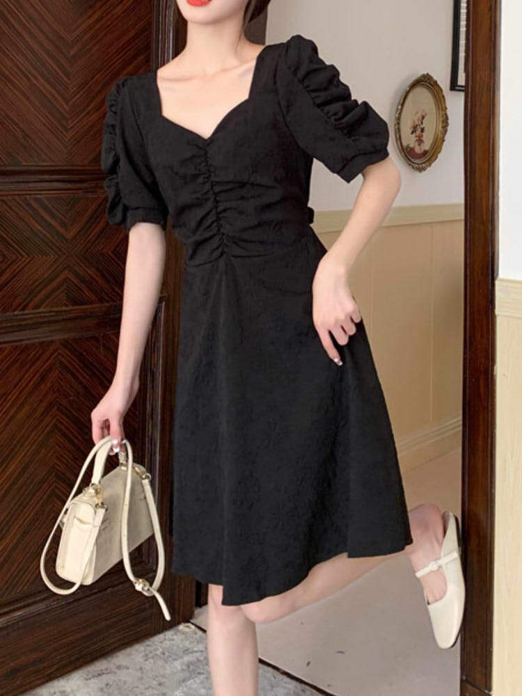 花柄立体刺繍ギャザーパフスリーブワンピース フォーマルコーデ 結婚式 きれいめ ミドル丈 リボン 大きいサイズ 韓国 Ch4519 Chulachula チュラチュラ 可愛い大きいサイズ韓国レディースファッション通販