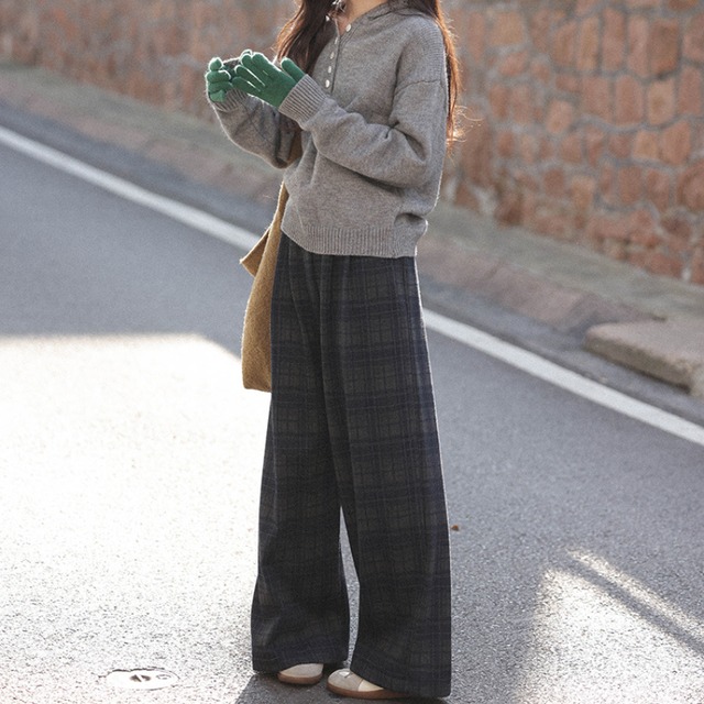 check wide-leg pants　J00334