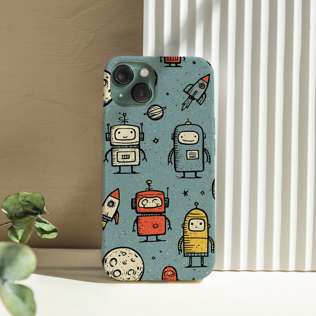 受注生産 iPhoneケース レトロロボットの宇宙柄｜SFポスター風 RFSP046A