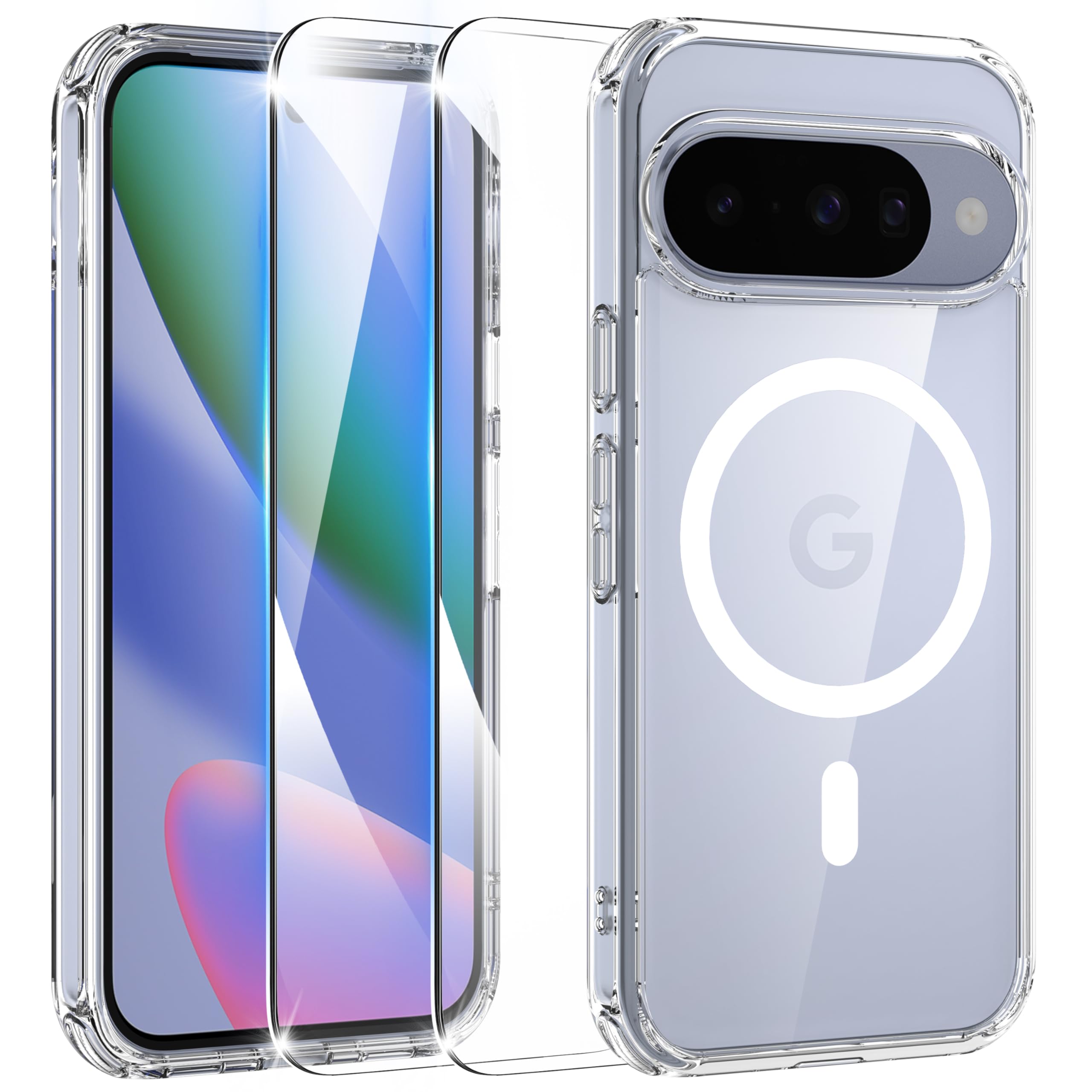 Google Pixel 10 Pro ケース Pixel 10 ケース ガラスフィルム付き(2枚) Magsafe対応 黄変防止 マグネット搭載 保護フィルム 強化ガラス 米軍MIL規格 SGS認証 PC背面 耐衝撃 ワイヤレス充電対応 ストラップホール付き ピクセル10 / 10 Pro 用