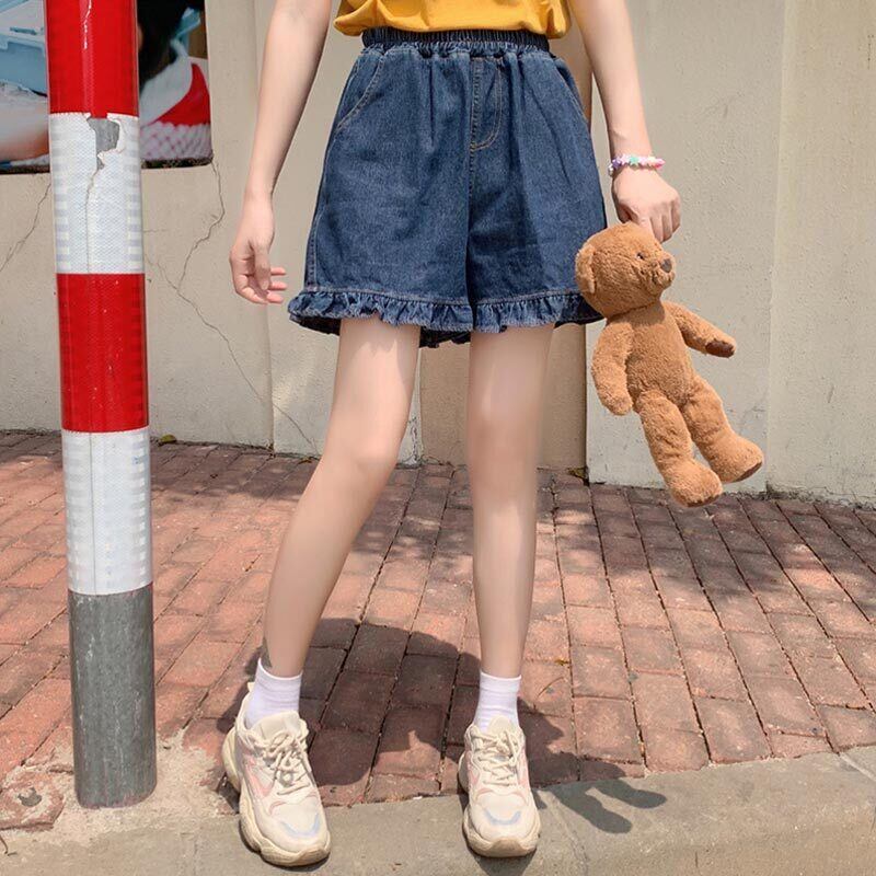 ラッフルルーズジーンズ レディースサマーショーツ ハイウェストウェスト薄手ワイドレッグパンツ 大人ガーリー スウィート キュート カジュアル 夏物 ブルマー ワイドパンツ 萌量不足20616760164