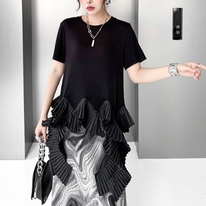 PLEATED RUFFLE HEM ROUND NECK SLEEVE T-SHIRT M-17747