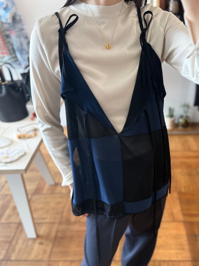 TAN/26SS-5 BLOCK CHECK KNITTED TOPS NAVY