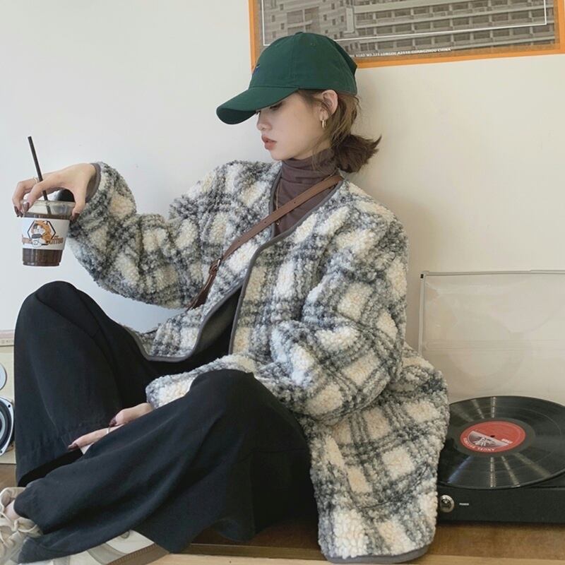 ウール格子柄ジャケット オータムウィンターベルベットスタンダード レトロ 秋物 冬物 スーパーモール38388324066