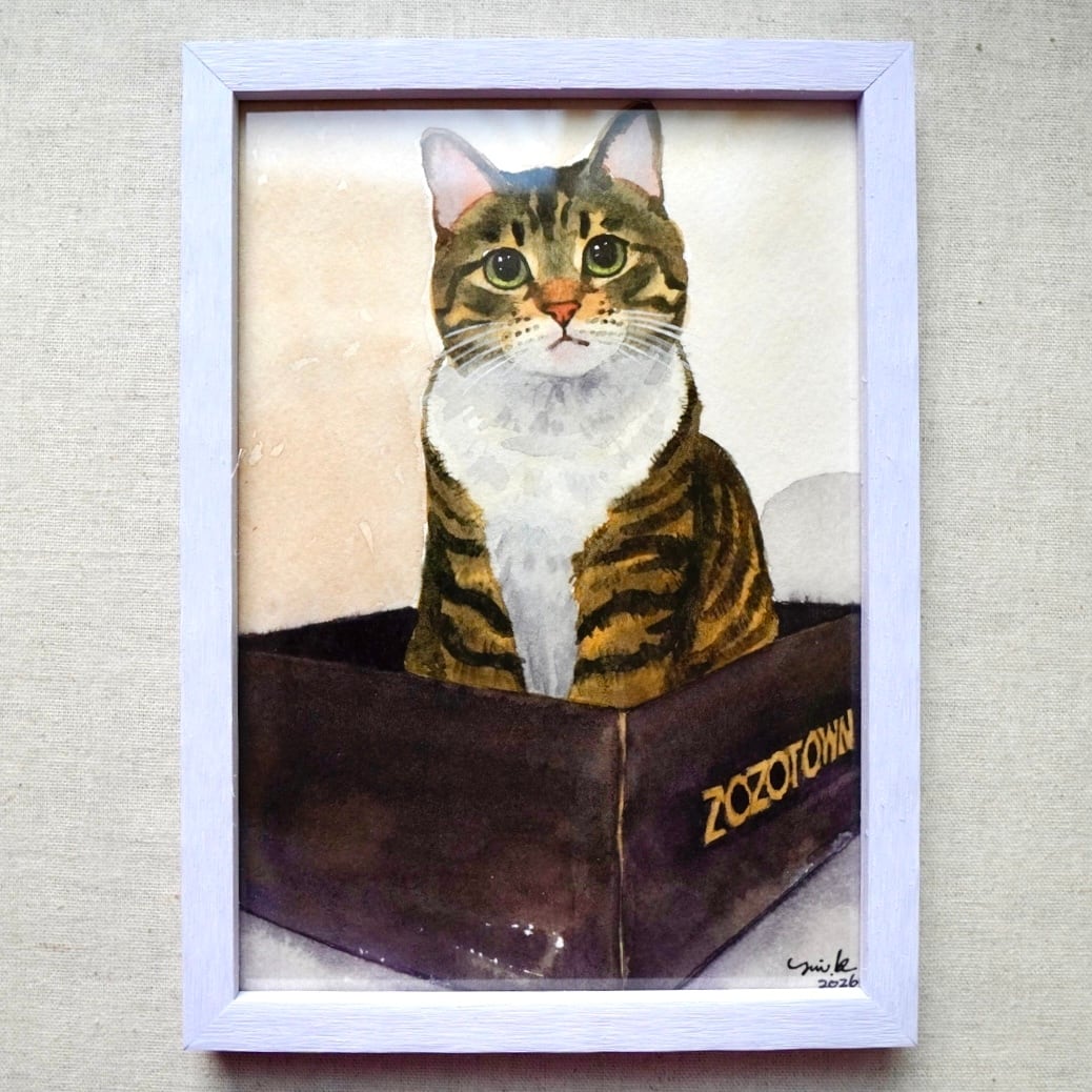 猫の絵 396 水彩画 原画 ミニ色紙 ハチワレ | Forest cat
