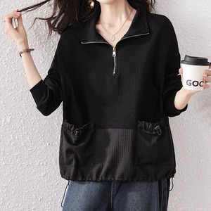 BLACK HALF ZIP DRAWCORD HEM PULLOVER TOP 1color M-14924