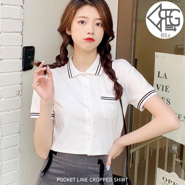 【REGIT】POCKET LINE CROPPED SHIRT-WHITE S/S 韓国ファッション トップス 半袖 シャツ ブラウス クロップド 10代 20代 プチプラ 着回し 着映え ネット通販 TPB037