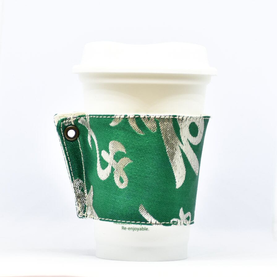 帯 カップスリーブ コーヒースリーブ リメイク 日本製 グリーン 漢字 寿 - cup sleeve