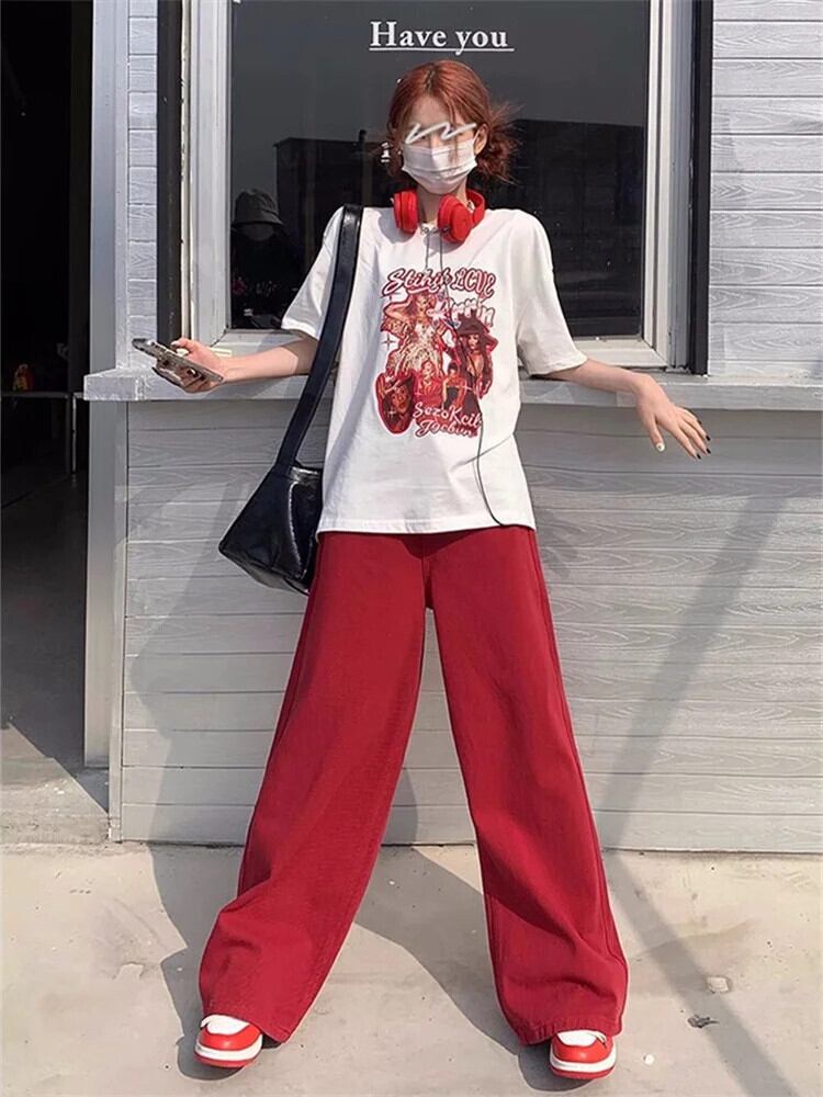 Y2K 赤だぶだぶのジーンズ女性スタイルの基本的な特大ワイドレッグ