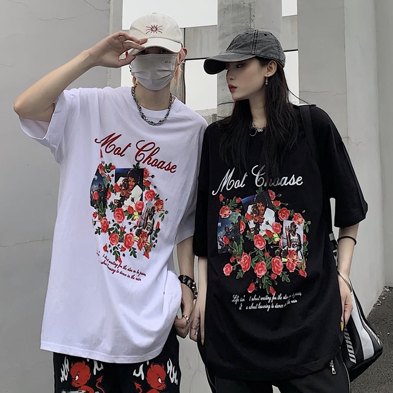 夏 Tシャツ ユニセックス マイケルジャクソン 薔薇 英字ロゴ