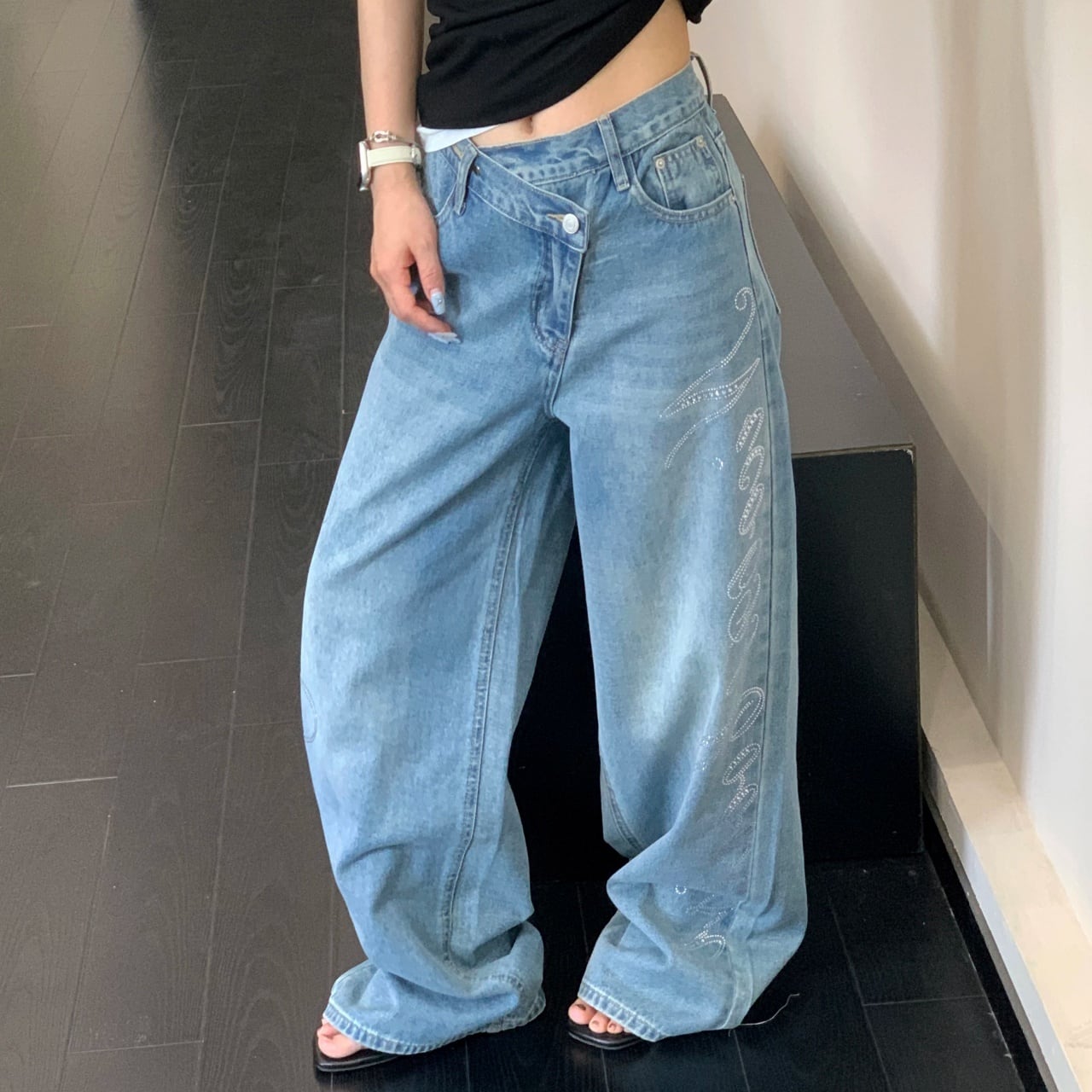 アシメウエストラインレタリングワイドデニムパンツ 1col R02698
