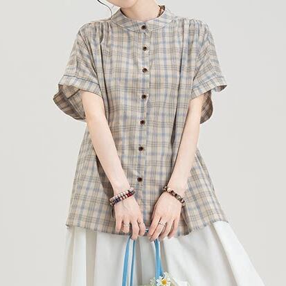 チェック柄スタンドカラー半袖シャツ M2175