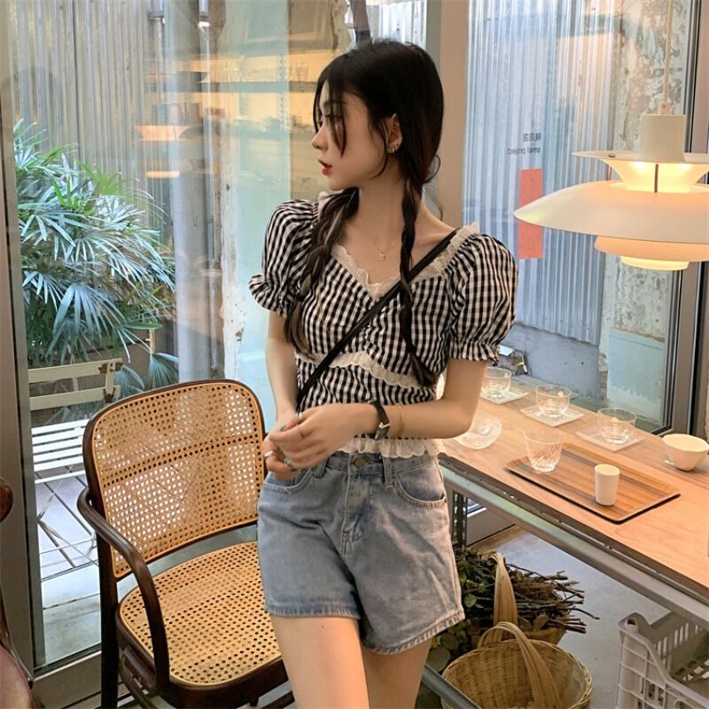 スタイルシャツ サマースリムレース格子柄トップス 夏物 モンロー86455112279