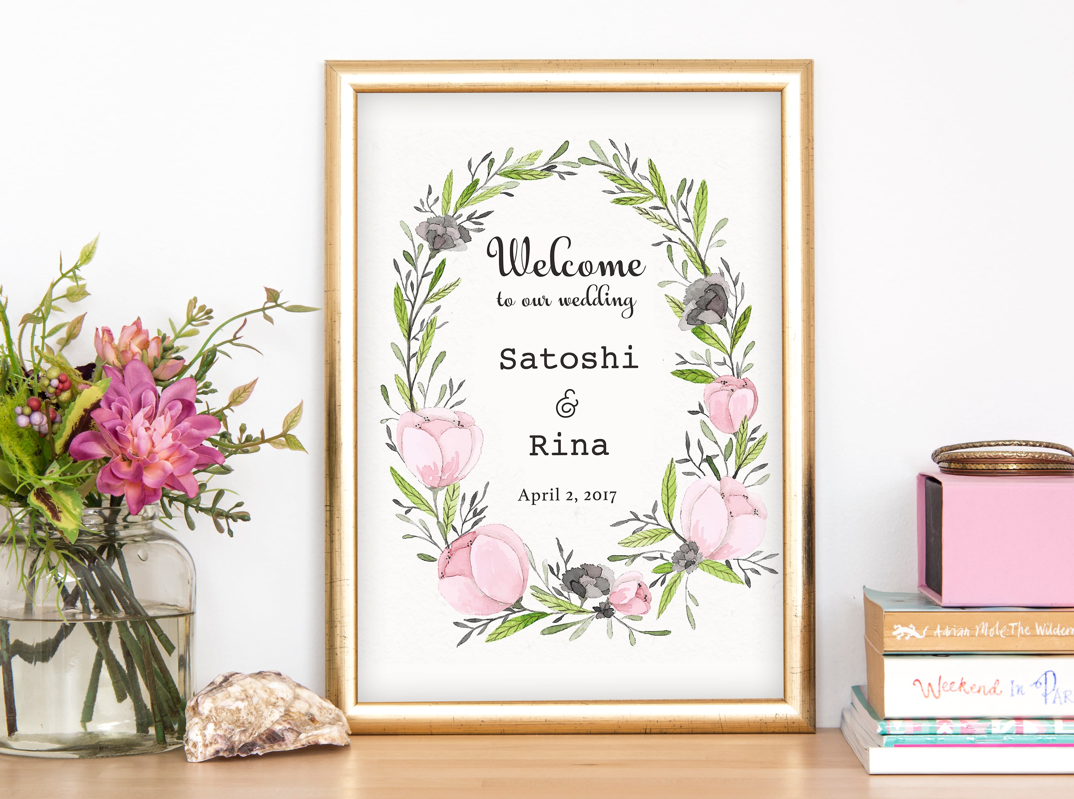 【ピンクガーデンリース】オーダーメイドウェルカムボード