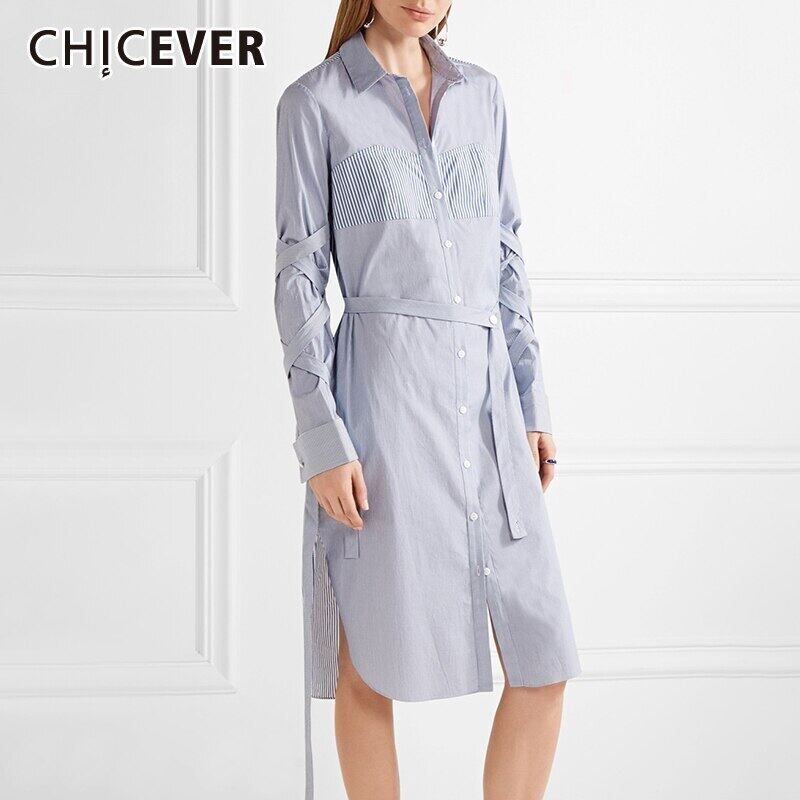 CHICEVERパッチワークストライプヒットカラードレスレディースラペルカラー長袖ウエストレースアップドレス2020服 ロング 6base575858252340