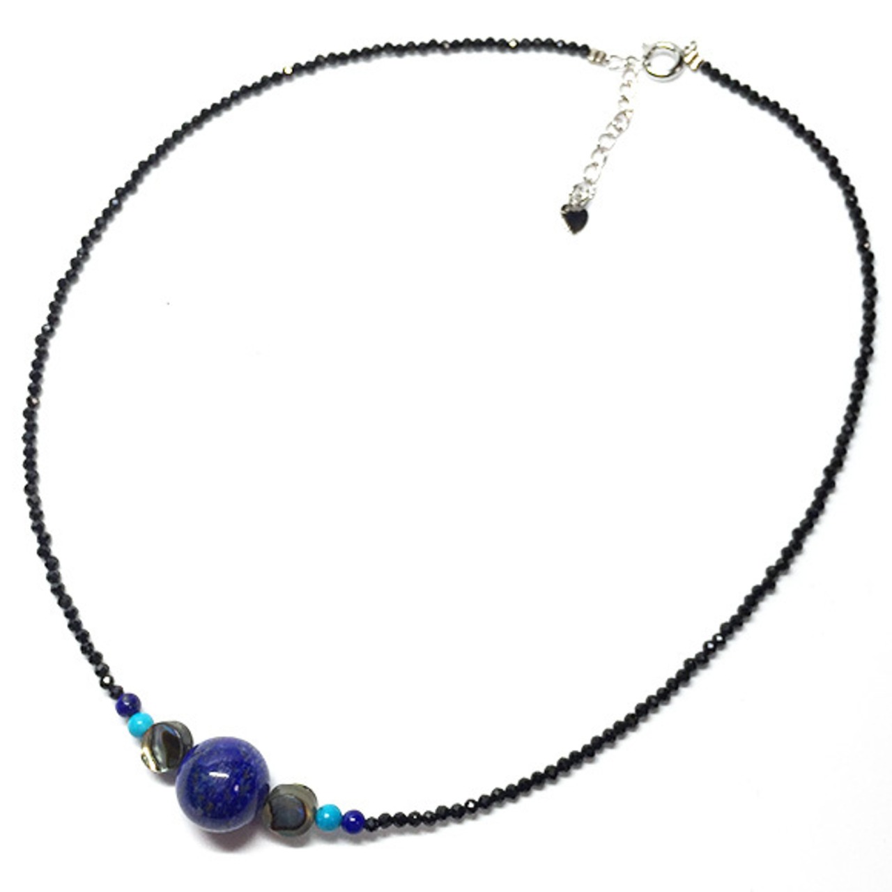 目を引くデザイン！ ラピスラズリ・アワビシェル・ターコイズ・ブラックスピネルネックレス ne1111