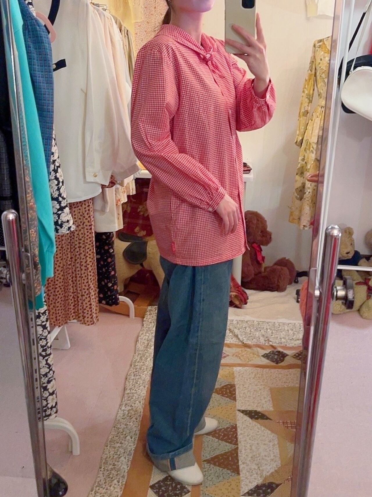 mikihouse / red gingham check blouse