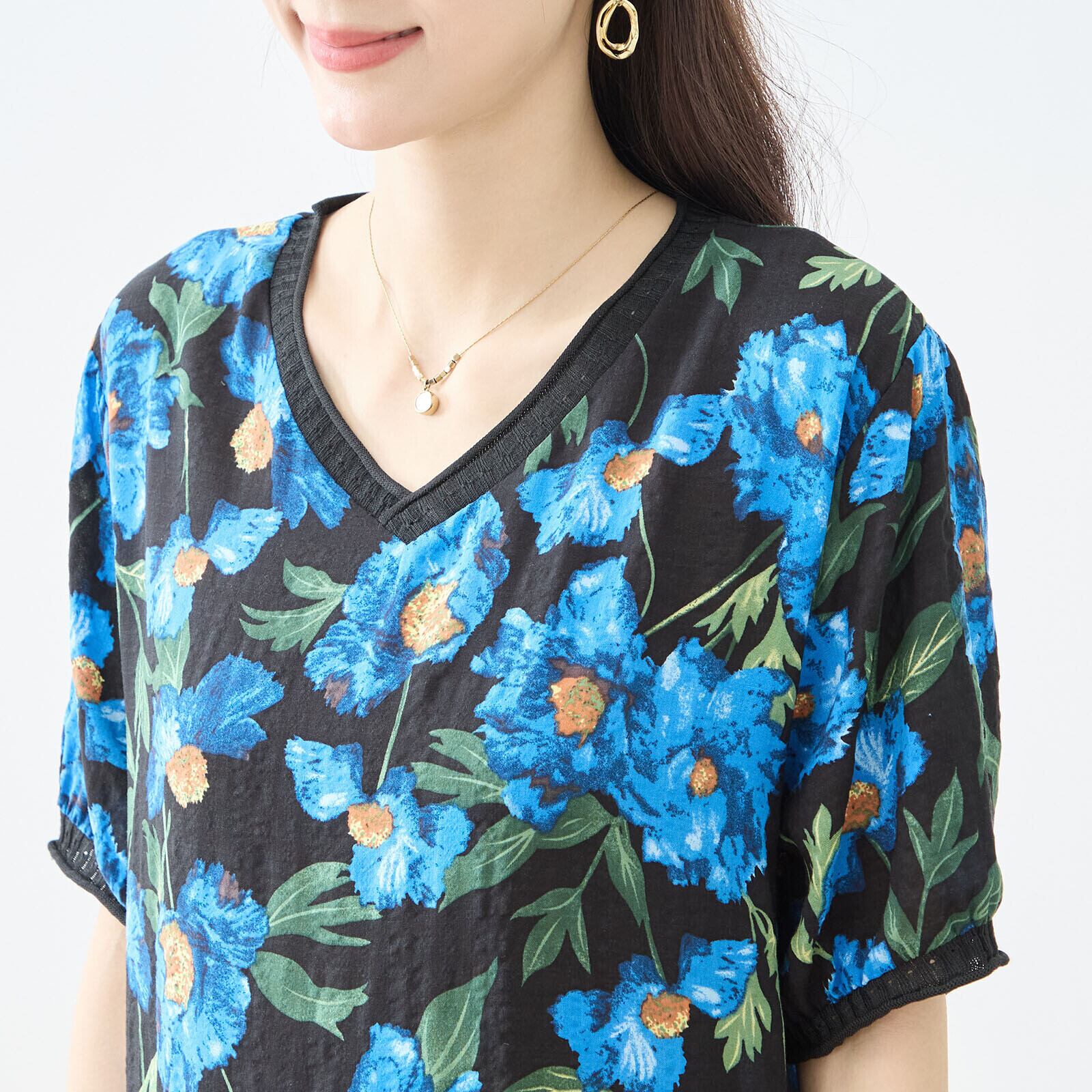 TRUBE 花柄プリントVネックコットン半袖ワンピース【L~LL】ブラック