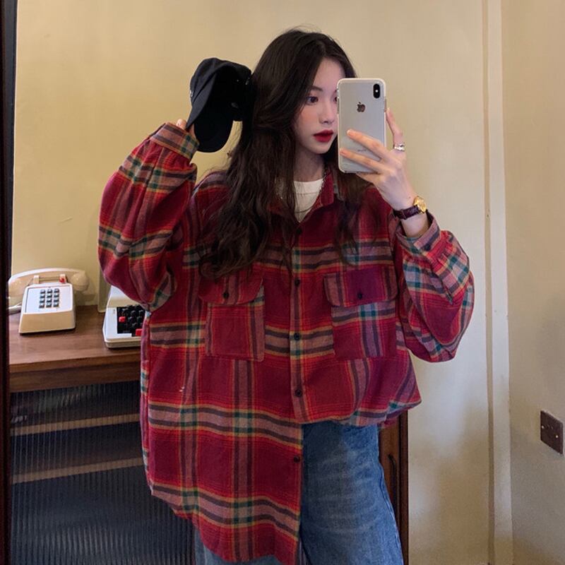 スプリングルーズシャツ レディーススタンダード格子柄 ロング レトロ 春物 試着室8201506810