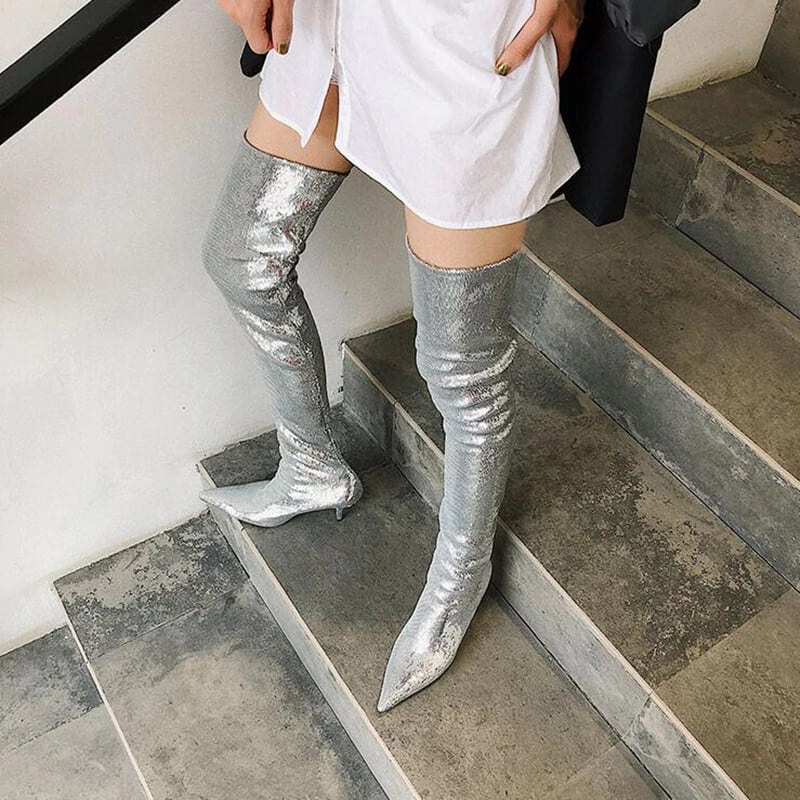 新作】【送料無料】 シルバーゴールドスパンコールブーツセクシーな