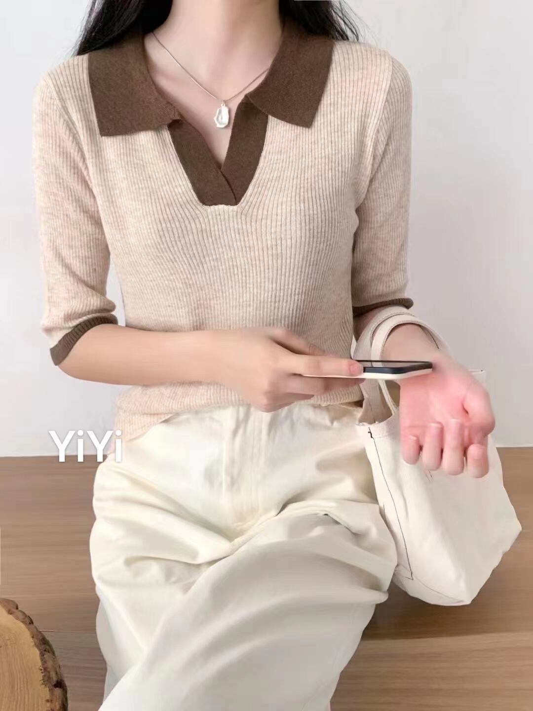 5部袖バイカラーニット　AJ111-221