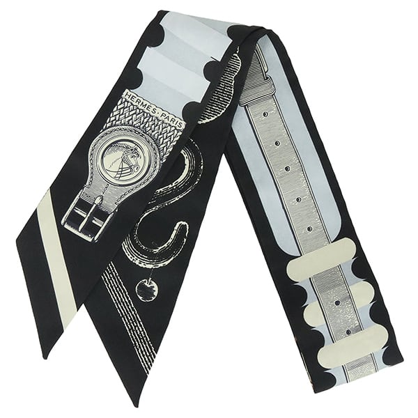 New HERMES エルメス ツイリー ブリッドアブロック 詩的な目録 黒 グレー クレーム スカーフ バンダナ ストール 新品 新品