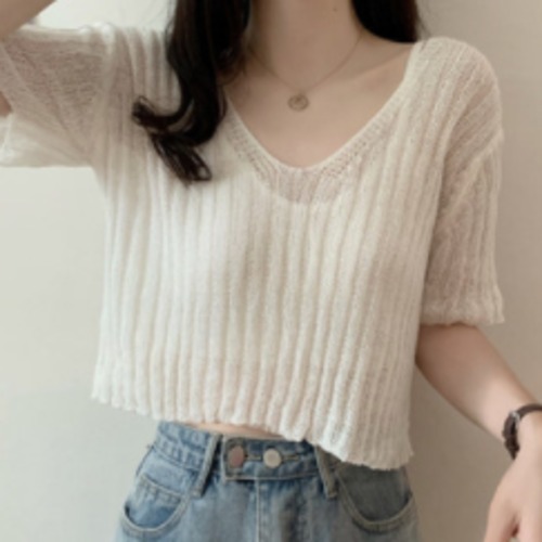 トップス Tシャツ ニットソー ショート丈 袖あり 半袖 Vネック 襟付き スリム 透け感 ニット かわいい 大人可愛い きれいめ シンプル おしゃれ 大人可愛い こなれ感 キュート ガーリー ルーズ 無地 春 夏 2021 10代 20代 レディース デート お出かけ 女子会 休日 リゾート 旅行 海 プール ショッピング 普段使い 重ね着 韓国系 ファッション トレンド インスタ映え デートコーデ フリーサイズ