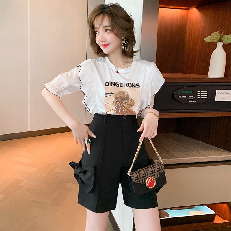 レースプリント柄ラウンドネックTシャツ サマー 夏物 Oネック MIUCO84734579529