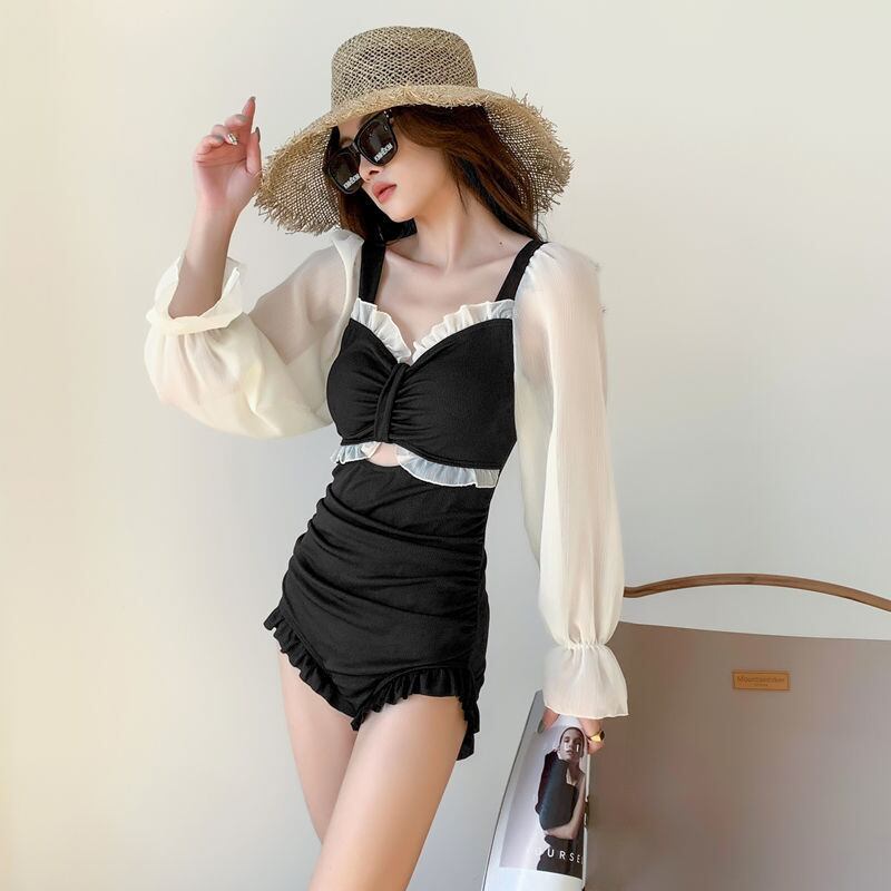 水着 レディース ワンピース水着 ワンピース スイムウェア レース フリル 長袖 シースルー 透け感 ポエットスリーブ かわいい 大人可愛い 清楚 フェミニン おしゃれ お洒落 おとな ナチュラル こなれ感 ラブリー キュート ガーリー ロマンチック 抜け感 S M L XL ブラック 黒 ブルー 青 夏 学生 休日 リゾート 旅行 海 プール バイカラー 10代 20代 30代 体型カバー 日焼け対策 紫外線対策 韓国 韓国系 ファッション コーデ お揃い モテ トレンド 流行 インスタ 送料無料