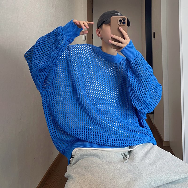 dannyandzeeホール編み薄手クルーネックニット