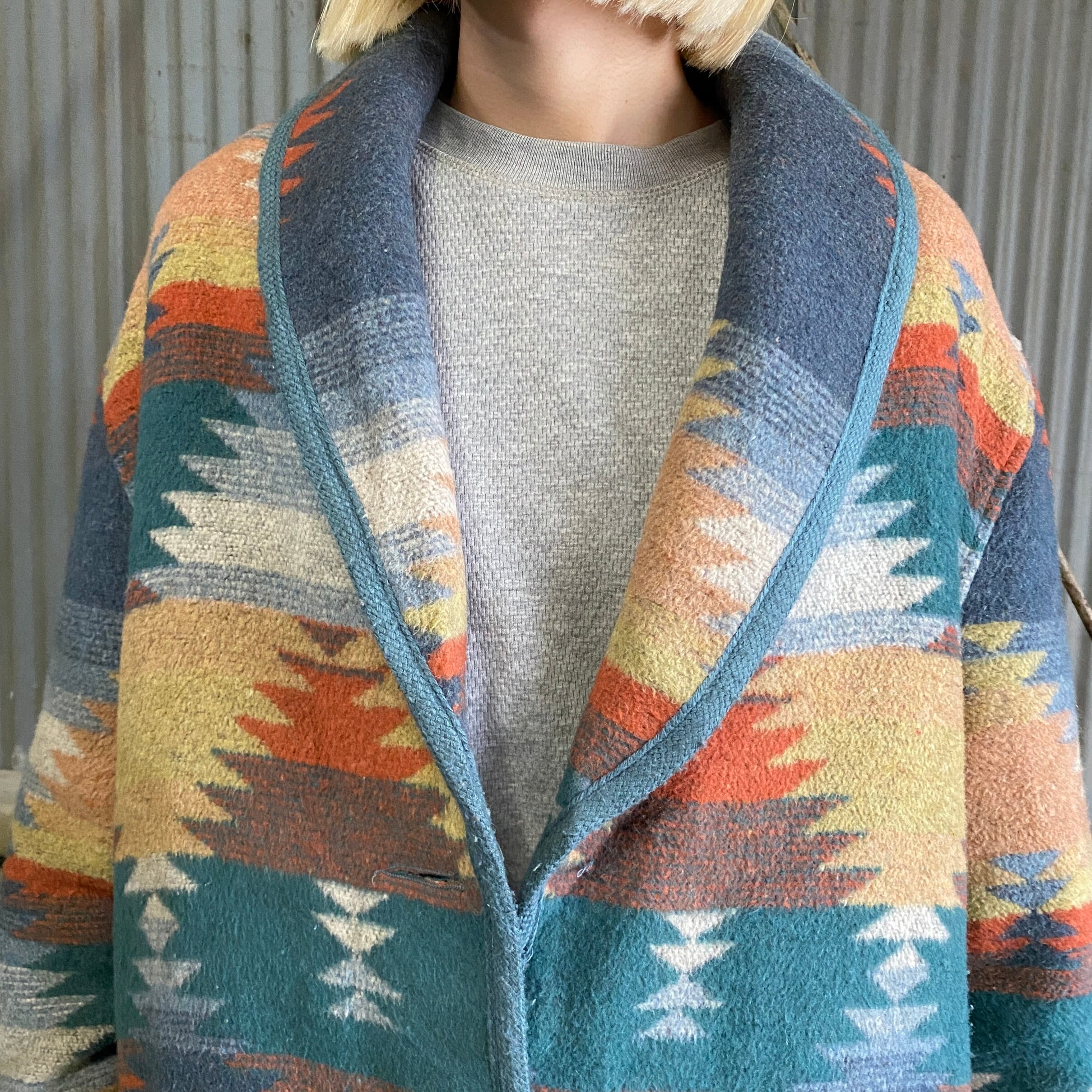 80年代 USA製 JOFELD ショールカラーコート ネイティブ柄 レディースXL  