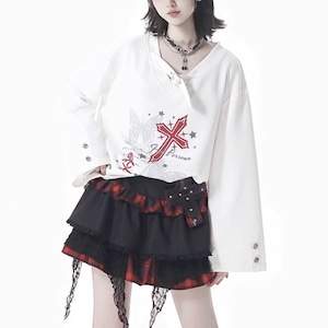 Vネックストラップスリーブボタンバタフライクロスグラフィックホワイトカットソー(lli_6334)