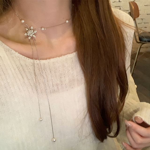 tomr雪の結晶 パール&ジルコニア 調節ネックレス