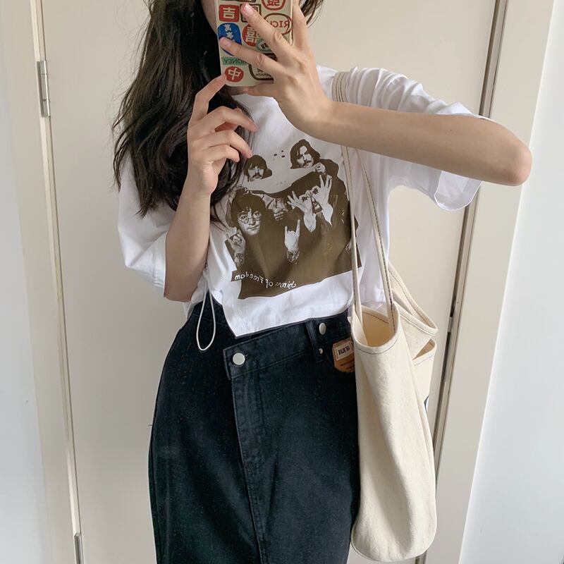 ショートプリント柄Tシャツ サマースタンダードスタイルルーズギャザー レトロ 夏物 ビッグFスモールZ韓国77734931200