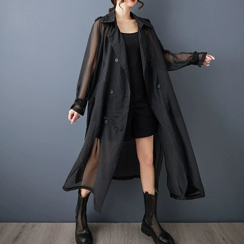 SOLID DOUBLE BREASTED MIDI ORGANDY COAT 2colors M-14482