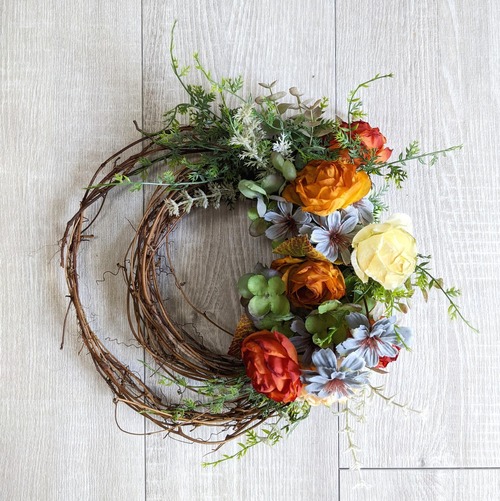 秋色natural garden wreath～ドライドローズ OR×BL/GY×BR