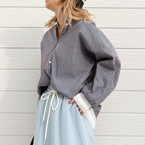 マルチストライプリブドッキングシャツ