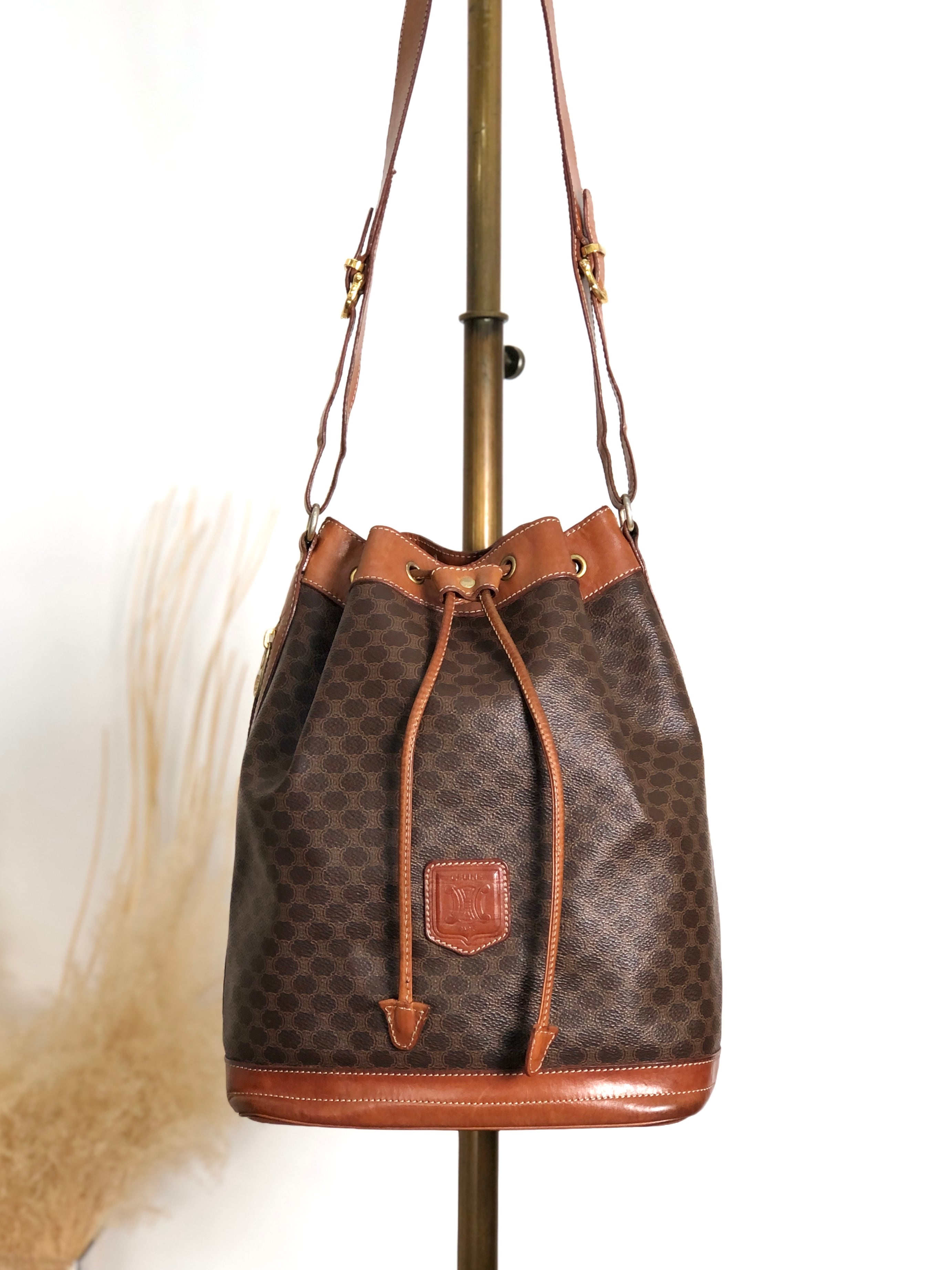 CELINE セリーヌ マカダム ショルダーバッグ ブラウン ブラゾン型押し PVC 巾着 vintage ヴィンテージ オールド jpnyxd