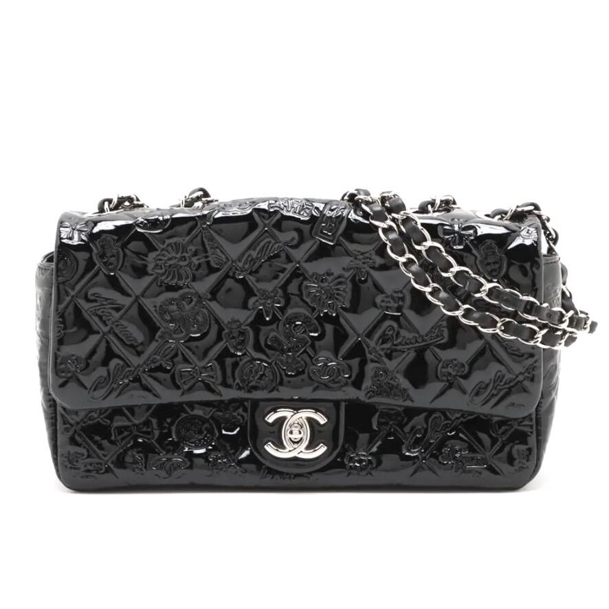 Rare ◇ CHANEL Matelassé Patent Leather Single-Flap Double-Chain Bag, Iconic Coco Logo, Black with Silver Hardware