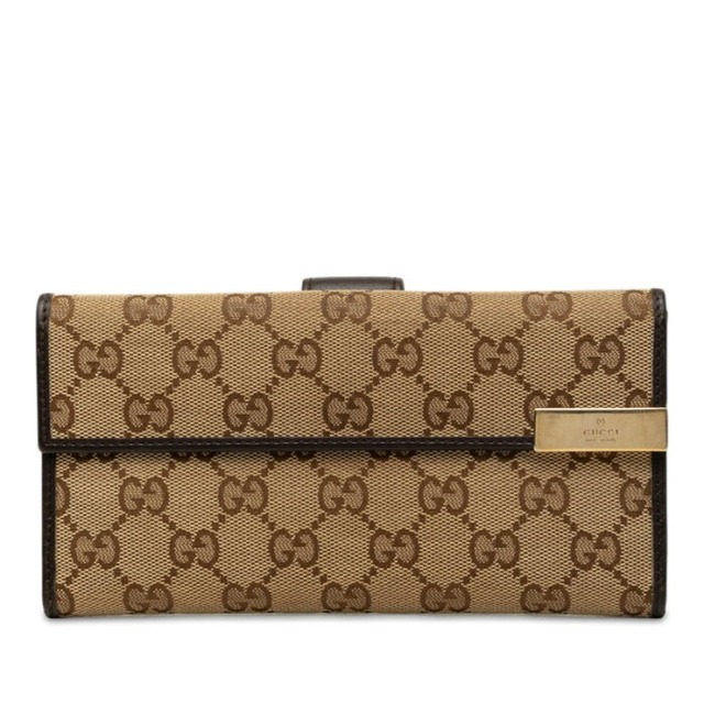 グッチ GGキャンバス 長財布 257012 ベージュ ブラウン キャンバス レザー レディース GUCCI 【中古】