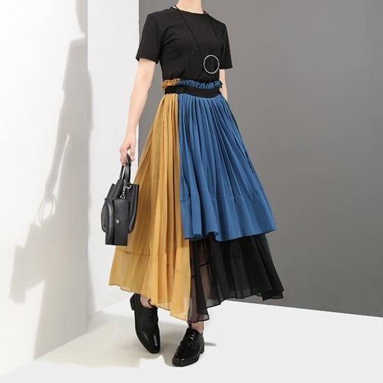 多色カラーのモード系シフォンロングスカート ロングスカート シフォン 無地 ゆったり アシンメトリー 大人可愛い カジュアル こなれ感 春夏 お出かけ レイヤード トレンド Sk Ayumina